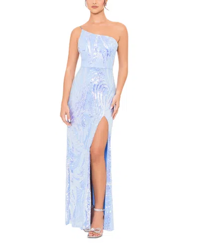Blondie Nites Juniors' One-shoulder Sequin High-slit Dress In Blue Multi