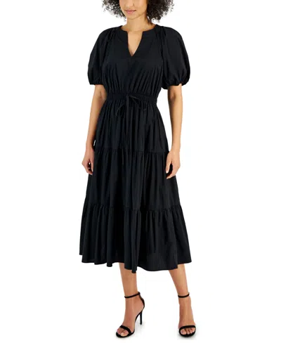 Anne Klein Women's Poplin Tiered Puff-sleeve Midi Dress In Anne Black