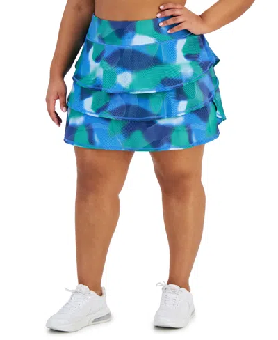 Id Ideology Plus Size Waves-print Pull-on Flounce Skort, Created For Macy's In Tartan Blue