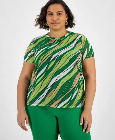 Bar Iii Plus Size Abstract-print Mesh Short-sleeve Top, Created For Macy's In Green Apple