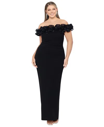 Xscape Plus Size Floral-applique Off-the-shoulder Gown In Black