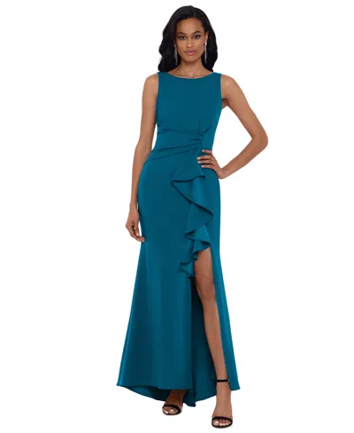 Betsy & Adam Petite Ruffled Boat-neck Gown In Azure