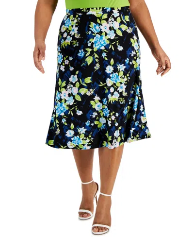 Kasper Plus Size Floral Flared Pull-on Midi Skirt In Black,light Azure