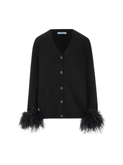 Prada Feathered Cuff Cardigan In Black