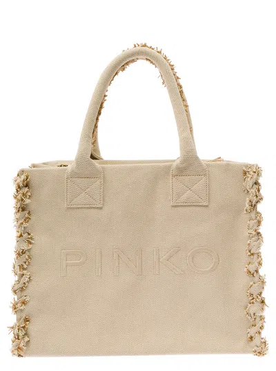 Pinko Beach Beige Tote Bag With Logo Lettering Embroidery In Recycled Cotton Blend Canvas Woman