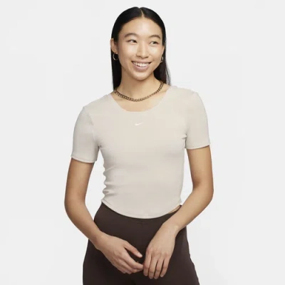 Nike Women's  Sportswear Chill Knit Tight Scoop-back Short-sleeve Mini-rib Top In Lt Orewood Brown/sail
