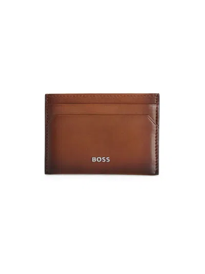 Hugo Boss Leather Card Holder With Logo Lettering In Brown