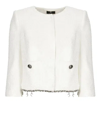 Elisabetta Franchi Collarless Tweed Cropped Jacket In White