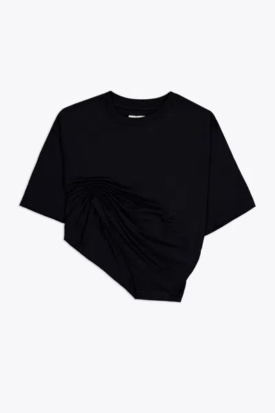 Laneus Jersey T-shirt Woman Black Cotton Cropped T-shirt With Drapery - Jersey T-shirt In 黑色