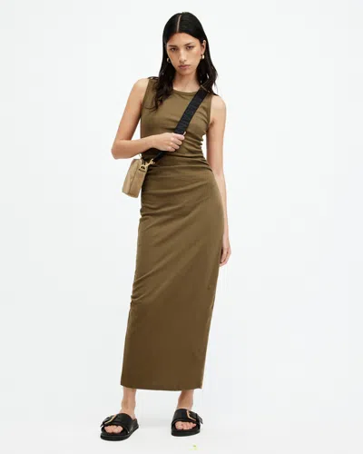 Allsaints Womens Olive Green Katarina Side-ruched Slim-fit Cotton Maxi Dress