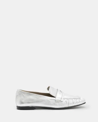 Allsaints Sapphire Metallic Leather Loafer Shoes In Metallic Silver
