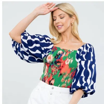 Thml Wavy Navy Puff Sleeve Top In Blue