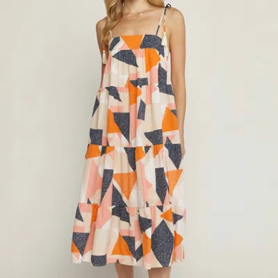 Entro Printed Square Neck Dress In Peach/blue In Pink