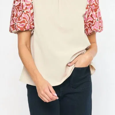 Entro Patterned Puff Sleeve Mock Neck Top In Natural/rust In Brown