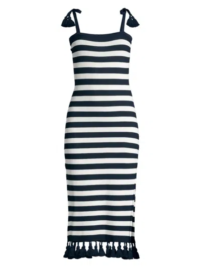 Cinq À Sept Striped Kerry Tassel-trim Midi Dress In White Navy