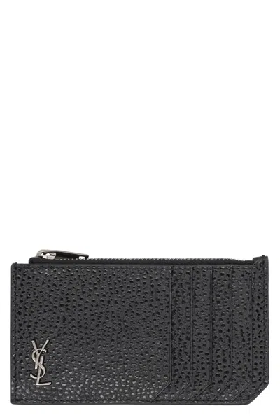 Saint Laurent Tiny Cassandre Leather Card Holder In Black