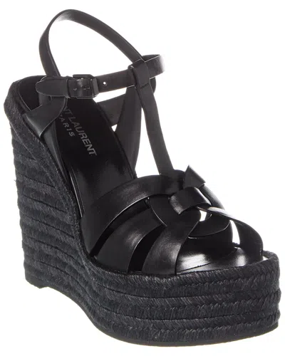 Saint Laurent Tribute 85 Leather Espadrille Wedge Sandal In Black