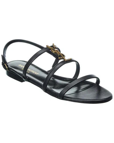 Saint Laurent Cassandra Leather Flat Sandals In Black