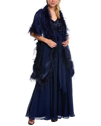 Badgley Mischka Feather Wrap Gown In Blue