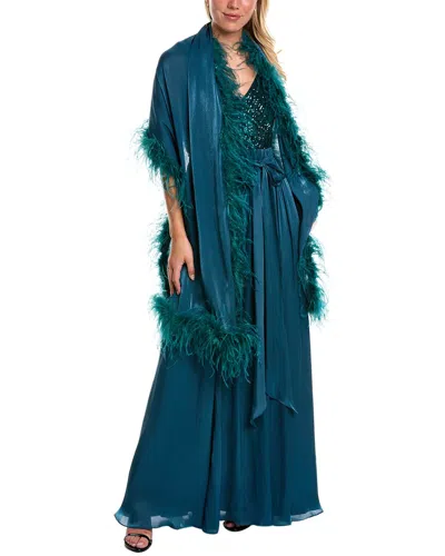 Badgley Mischka Feather Wrap Gown In Teal