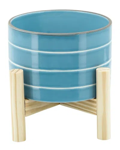 Sagebrook Home Striped Planter With Wood Stand In Blue