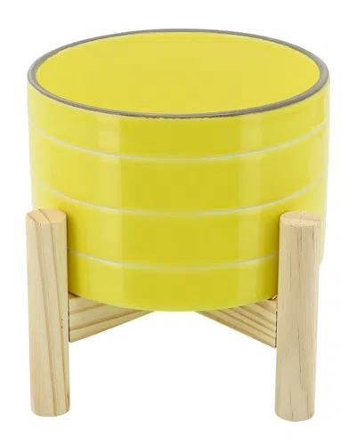 Sagebrook Home Striped Planter With Wood Stand In Yellow