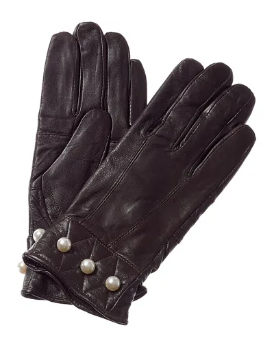 Surell Accessories Pearl Detail Leather Gloves In Brown
