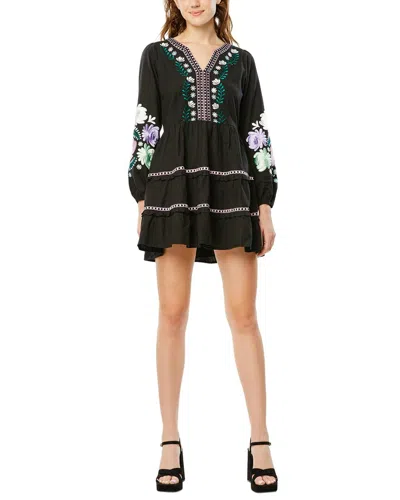 Roller Rabbit Lucena Embroidered Naema Linen-blend Dress In Black