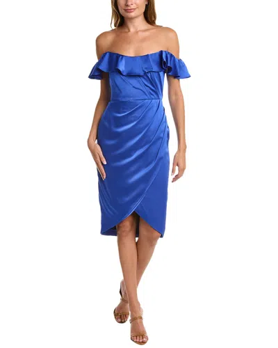 Theia Odessa Pleated Off-shoulder Ruffle Midi Dress In Blue