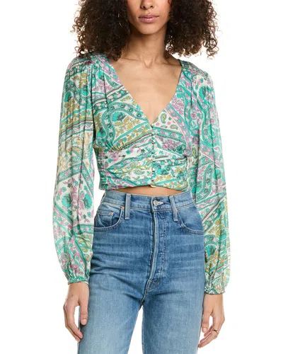 Ba&sh Cropped Ruched Printed Mousseline Blouse In Green