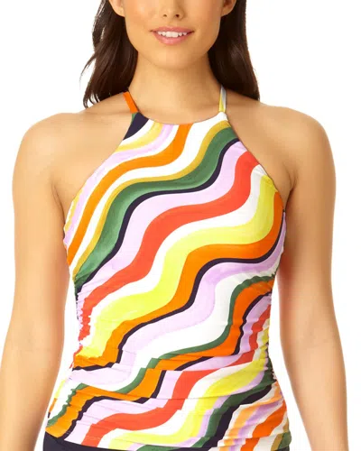 Anne Cole Womens Printed High Neck Tankini High Waisted Solid Bottoms In Painterly Stripe