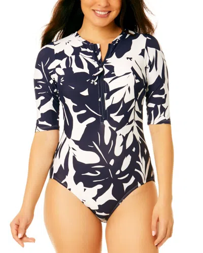 Anne Cole Half Sleeve Front Zip One-piece In Blue