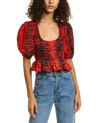 Ganni Cropped Smocked Blouse In Red