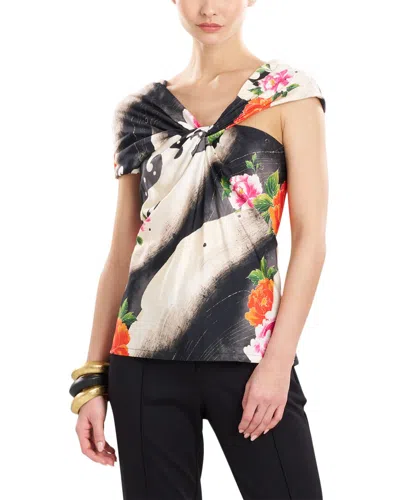 Natori Mayumi Twist-front Floral-print Twill Top In Black Multi