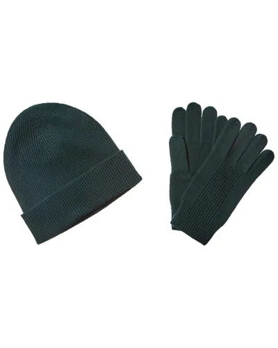 Qi 2pc Ribbed Cashmere Hat & Glove Set In Green
