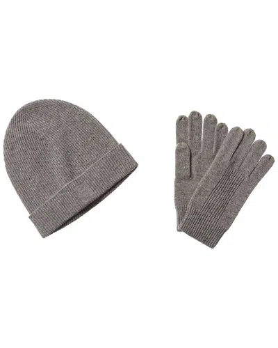 Qi 2pc Ribbed Cashmere Hat & Glove Set In Grey