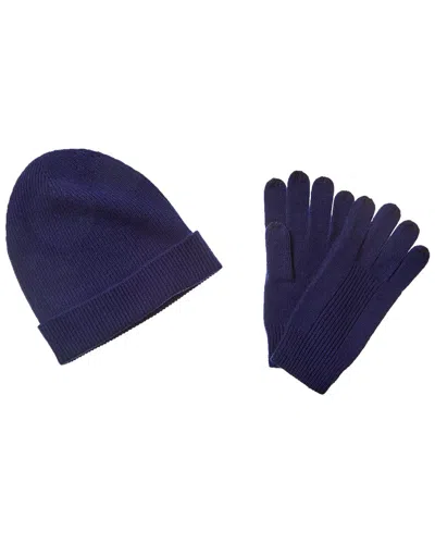 Qi 2pc Ribbed Cashmere Hat & Glove Set In Blue