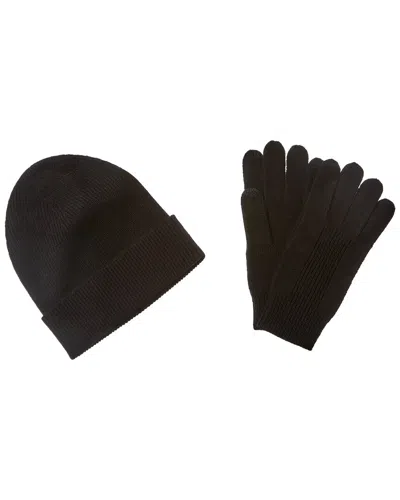 Qi 2pc Ribbed Cashmere Hat & Glove Set In Black