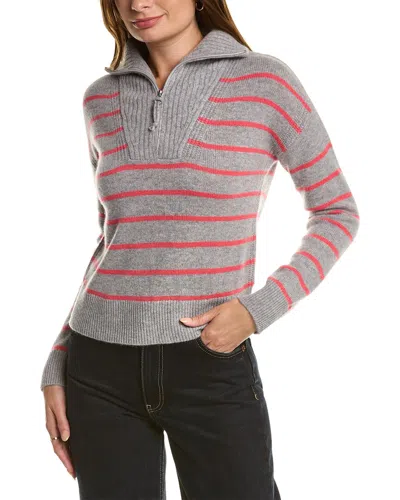 Qi Cashmere Striped Zip Mock Neck Cashmere Sweater In Grey