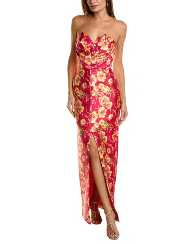 Theia Printed Mikado Strapless Column Gown In Pink