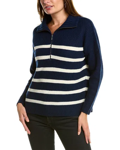 Forte Cashmere Striped Rib Mock Neck Wool & Cashmere-blend 1/2-zip Sweater In Blue