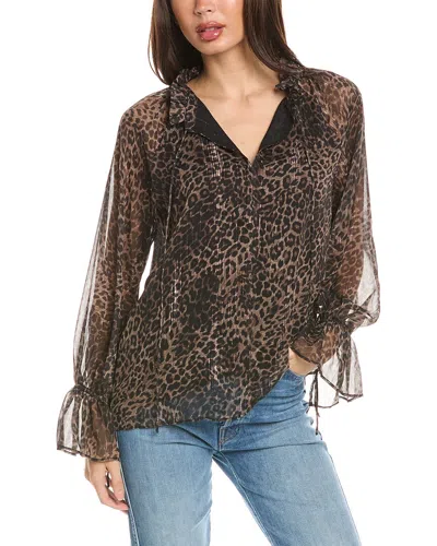 Elie Tahari Split Ruffle Neck Top In Brown