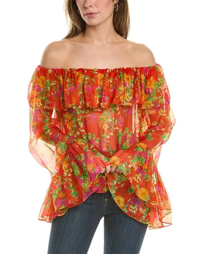 Caroline Constas Thelma Off-the-shoulder Cropped Ruffled Floral-print Silk-chiffon Top In Red