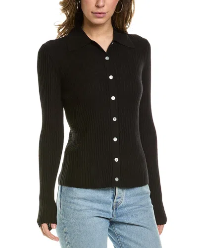 Vince Ribbed Button Front Cashmere & Silk-blend Polo Shirt In Black
