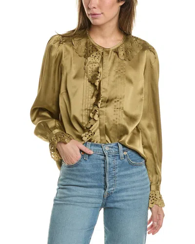 French Connection Aleeya Satin Lace Detail Blouse In Green