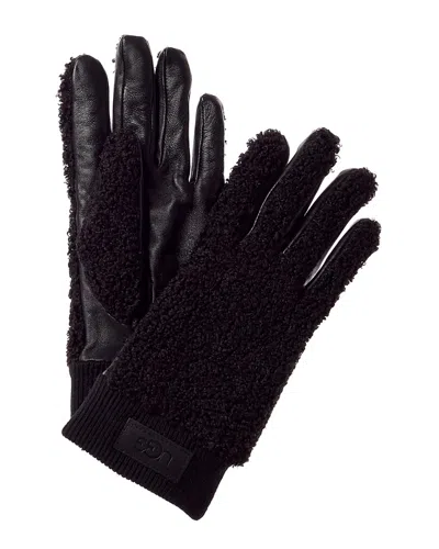 Ugg Knit Cuff Sherpa & Leather Gloves In Black