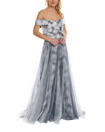 Rene Ruiz Off-the-shoulder Tiered A-line Gown In Metallic