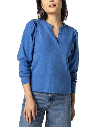 Lilla P Shirred Split Neck T-shirt In Blue