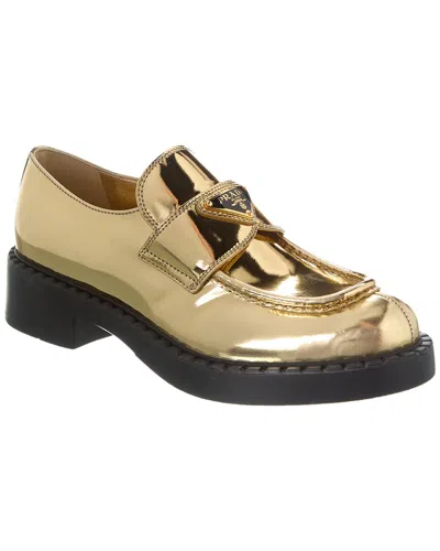 Prada Metallic Triangle-logo Loafers In Gold