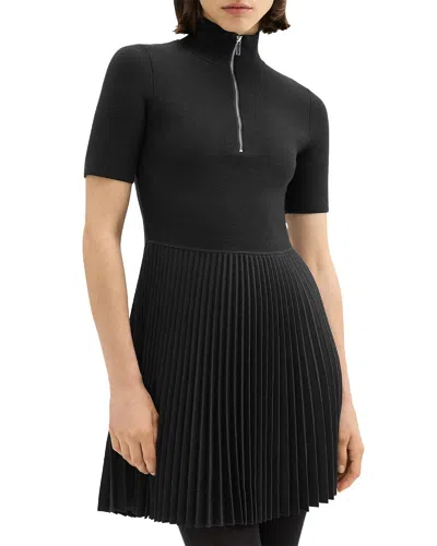 Theory Zip-up Combo Wool-blend Sweaterdress In Black
